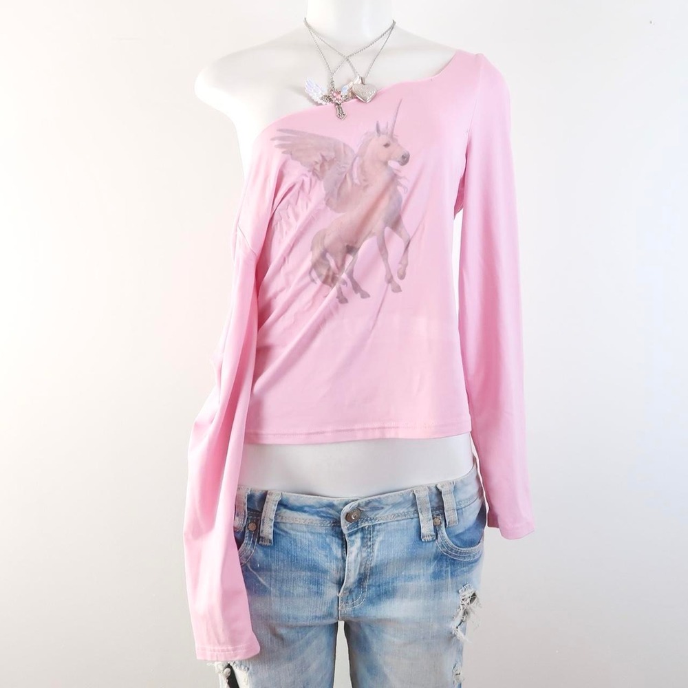 y2k pink winged unicorn graphic long sleeve fairycore top